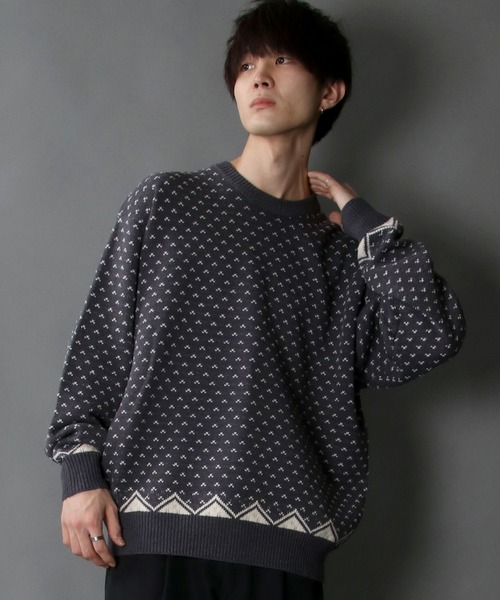 SITRY(シトリー)の「Bird's eye Jacquard Crew neck sweater/バーズアイ柄 ジャガード クルーネック ニット(ニット/セーター・メンズ・ベージュ/チャコールグレー/グリーン・M/L/XL)」の12枚目の写真