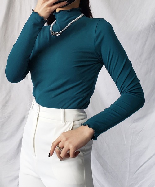 me+em select（ミームセレクト）の「【 11色展開 】裏起毛メローハイネックカットソートップス（Tシャツ/カットソー・レディース・キャメル/ホワイト/パープル/ベージュ/グリーン/ブラック/ブラウン/グレー/ネイビー/ダークグレー/ダークパープル・FREE）」の8枚目の写真