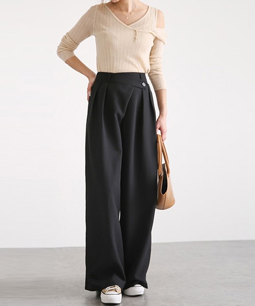 SETUP7（セットアップセブン）の「1本持っておけば間違いなしのワイドタックパンツ♪【SETUP7】ラップデザインワイドパンツ KNF ※（その他パンツ・レディース・ブラック/ベージュ/ネイビー/グレー/グリーン・FREE）」の21枚目の写真