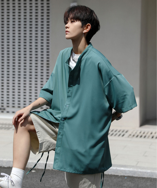 neos（ネオス）の「【neos -addictive design-】ルーズシルエット バンドカラー サイドロープ ハーフスリーブ シャツ（シャツ/ブラウス・メンズ・グリーン/ネイビー/ピンクベージュ・LARGE/MEDIUM）」の4枚目の写真