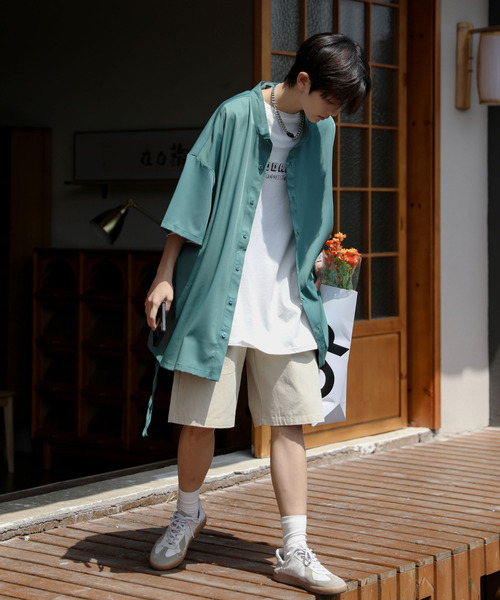 neos（ネオス）の「【neos -addictive design-】ルーズシルエット バンドカラー サイドロープ ハーフスリーブ シャツ（シャツ/ブラウス・メンズ・グリーン/ネイビー/ピンクベージュ・LARGE/MEDIUM）」の5枚目の写真