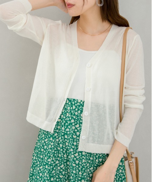 SpRay(スプレイ)の「シアーニットVカーディガン(カーディガン/ボレロ・レディース・ホワイト/ブラック/ピンク/オレンジ/イエロー/グリーン/ライトグリーン/ブルー/パープル/ブラウン/ダークパープル/ダークグリーン・FREE)」の1枚目の写真