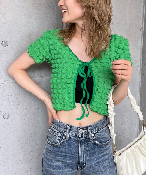 SPIRALGIRL（スパイラルガール）の「ポコポコワッフルカーディガン（カーディガン/ボレロ・レディース・グリーン/オフホワイト・FREE）」の4枚目の写真