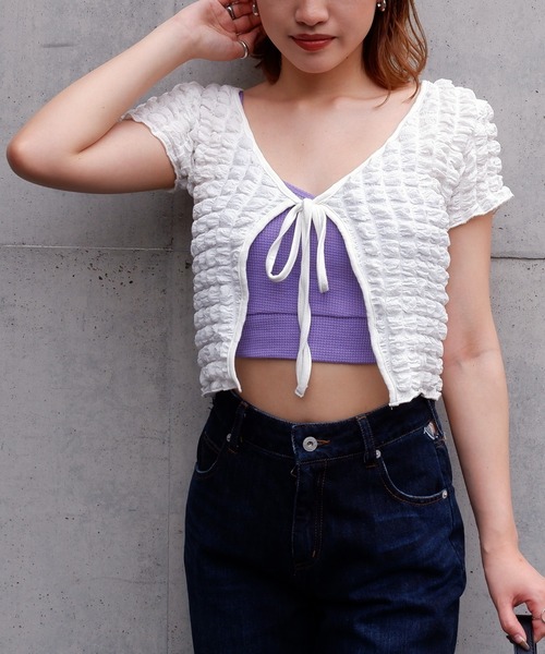 SPIRALGIRL（スパイラルガール）の「ポコポコワッフルカーディガン（カーディガン/ボレロ・レディース・グリーン/オフホワイト・FREE）」の7枚目の写真