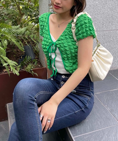 SPIRALGIRL（スパイラルガール）の「ポコポコワッフルカーディガン（カーディガン/ボレロ・レディース・グリーン/オフホワイト・FREE）」の9枚目の写真