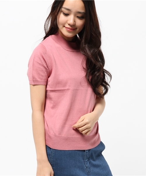 mystic（ミスティック）の「シルク混半袖ハイネックプルオー（ニット/セーター・レディース・オフホワイト/グレー/ブラック/ピンク・ﾌﾘ-）」の4枚目の写真