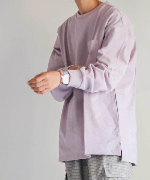 Ritzy(リッツィー)の「ポケット付きロングTシャツ レディース メンズ(Tシャツ/カットソー・メンズ・ホワイト/ブラック/ベージュ/パープル/サックスブルー/グリーン/ベージュ系その他/パープル系その他/チャコール/テラコッタ・MEDIUM/LARGE/X-LARGE)」の10枚目の写真