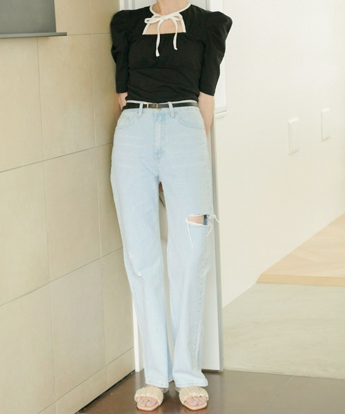 VIOLETTA（ヴィオレッタ）の「サイドスリットストレートデニムパンツ（デニムパンツ・レディース・ブルー・FREE）」の7枚目の写真