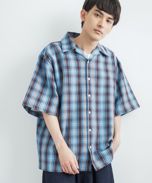 Rocky Monroe(ロッキーモンロー)の「日本製 オーバーサイズ ヘビーネルチェックオープンカラー半袖ビッグシャツ(シャツ/ブラウス・メンズ・レッド/サックスブルー・M/L)」の2枚目の写真