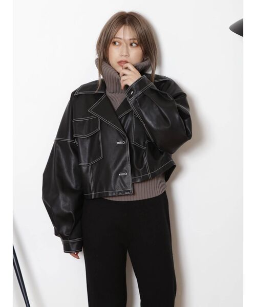 MURUA（ムルーア）の「フェイクレザーショートジャケット（ブルゾン・レディース・ブラック/アイボリー/ダークグレー・FREE）」の17枚目の写真