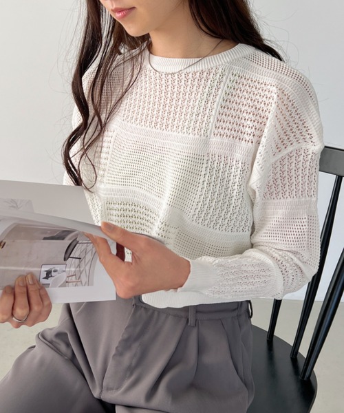 CLEA(クレア)の「かぎ編みニットクロップド丈プルオーバー(ニット/セーター・レディース・ベージュ/ホワイト/ブラック・FREE)」の20枚目の写真
