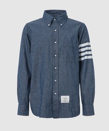 STRAIGHT FIT BUTTON-DOWN LONG SLEEVE SHIRT W/ PRINTED 4 BAR SLEEVE IN CHAMBRAY