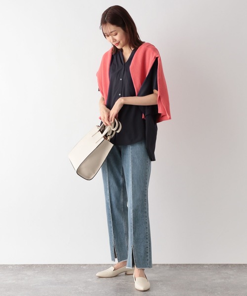 GLOBAL WORK（グローバルワーク）の「さらさらリラックスブラウス半袖/163460（シャツ/ブラウス・レディース・ライトブルー/ピンクベージュ/オフホワイト/ライトグリーン/ダークネイビー/オレンジ/ロイヤルブルー/ライトグレー/ブラック・SMALL/MEDIUM/LARGE）」の16枚目の写真