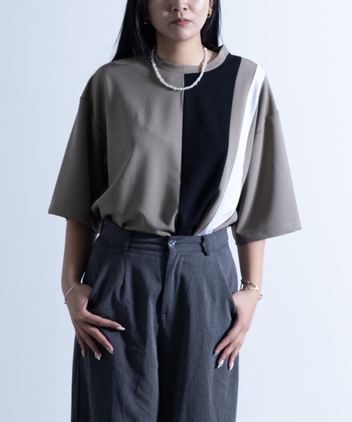 NYLAUS（ナイラス）の「ストレッチアムンゼン ブロックライン切り替え ショートスリーブ ビッグTシャツ（Tシャツ/カットソー・メンズ・ブラック/グレイッシュベージュ/グレイッシュブルー/ホワイト/チャコール・M/L）」の4枚目の写真