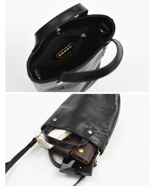 EDIT CLOTHINGのブラックレザーバッグ Re:EDIT（リエディ）の「2WAYフェイクレザー台形型ミニハンドバッグ