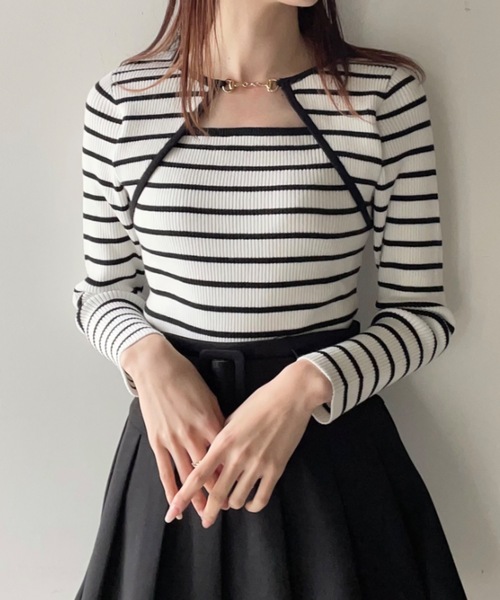 ♡新品タグ付♡　ルフィル　ヴィスストレッチニットポンチョ　ホワイト　ボーダー Chico（チコ）の「ショート丈ワイドボーダーチビニット（ニット
