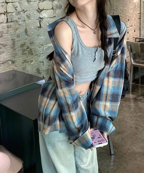 NANEA（ナネア）の「微起毛ドロップショルダーチェックシャツ（シャツ/ブラウス・レディース・ブルー・SMALL/MEDIUM/LARGE/X-LARGE）」の4枚目の写真
