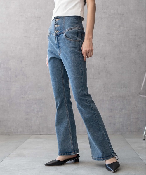 ウエスト調節可　フレアデニムパンツ ハイウエストSIDE BELT CUTデザインフレアデニムパンツ[品番