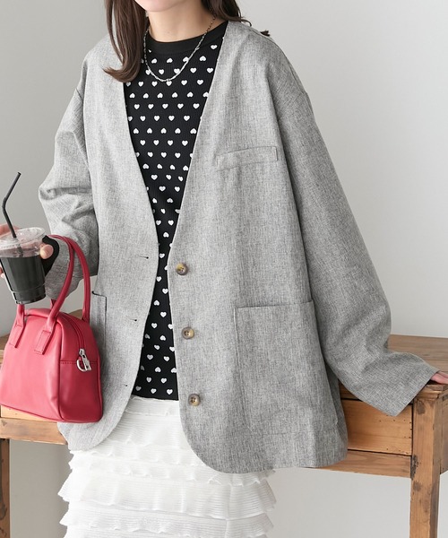 BONLECILL(ボンルシール)の「【セットアップ対応】リネンライクボーイフレンドノーカラージャケット(ノーカラージャケット・レディース・モカ/ベージュ/チャコールグレー/グレー・FREE)」の4枚目の写真