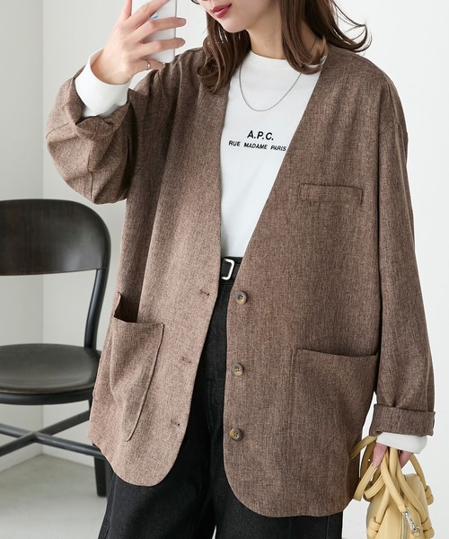 BONLECILL(ボンルシール)の「【セットアップ対応】リネンライクボーイフレンドノーカラージャケット(ノーカラージャケット・レディース・モカ/ベージュ/チャコールグレー/グレー・FREE)」の3枚目の写真