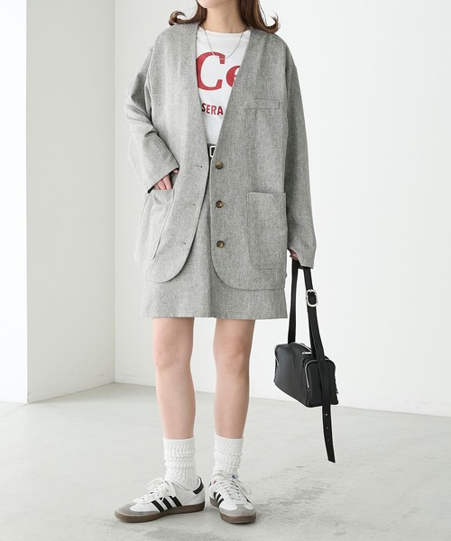 BONLECILL(ボンルシール)の「【セットアップ対応】リネンライクボーイフレンドノーカラージャケット(ノーカラージャケット・レディース・モカ/ベージュ/チャコールグレー/グレー・FREE)」の9枚目の写真