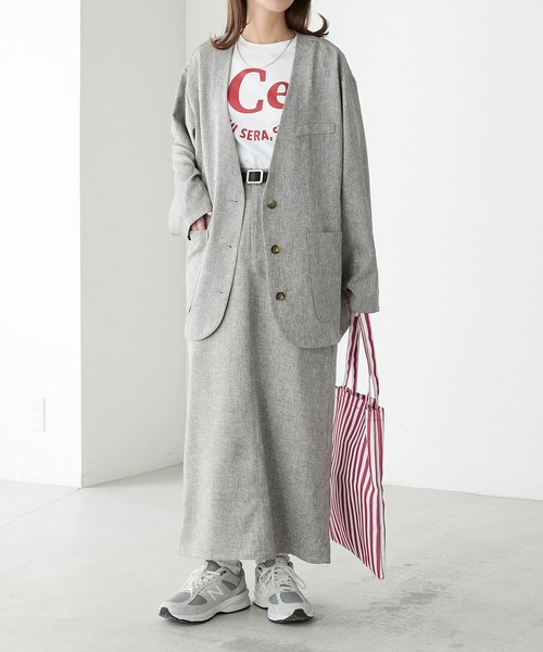 BONLECILL(ボンルシール)の「【セットアップ対応】リネンライクボーイフレンドノーカラージャケット(ノーカラージャケット・レディース・モカ/ベージュ/チャコールグレー/グレー・FREE)」の11枚目の写真