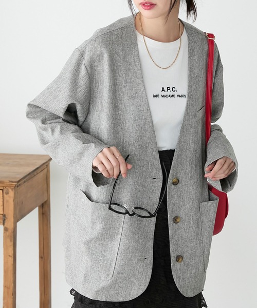 BONLECILL(ボンルシール)の「【セットアップ対応】リネンライクボーイフレンドノーカラージャケット(ノーカラージャケット・レディース・モカ/ベージュ/チャコールグレー/グレー・FREE)」の7枚目の写真