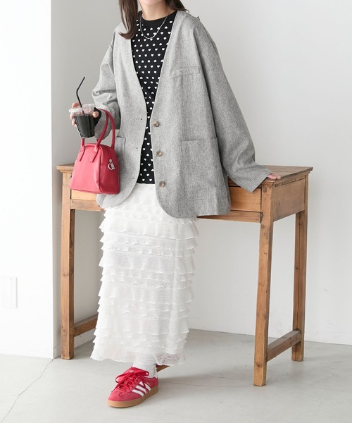 BONLECILL(ボンルシール)の「【セットアップ対応】リネンライクボーイフレンドノーカラージャケット(ノーカラージャケット・レディース・モカ/ベージュ/チャコールグレー/グレー・FREE)」の6枚目の写真