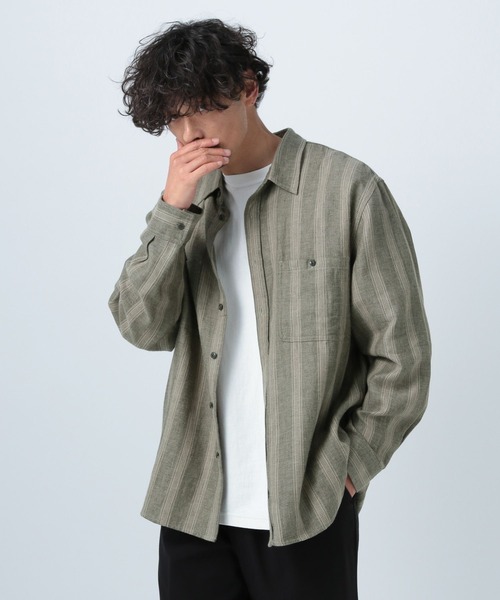 BAYFLOW（ベイフロー）の「ストライプリネン長袖シャツ（シャツ/ブラウス・メンズ・ベージュ/カーキ・SMALL/MEDIUM/LARGE）」の5枚目の写真