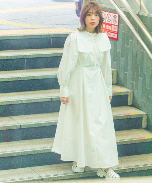 mimi toujours(ミミトゥジュール)の「2way 襟付き ロング ワンピース mimi toujours×itsPeachi(ワンピース・レディース・ベージュ/ミント/ホワイト・M)」の1枚目の写真