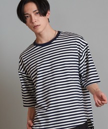 【NO ID.】Round Border U-Neck T-Shirt / ラウンド ボーダー Uネック Tシャツ