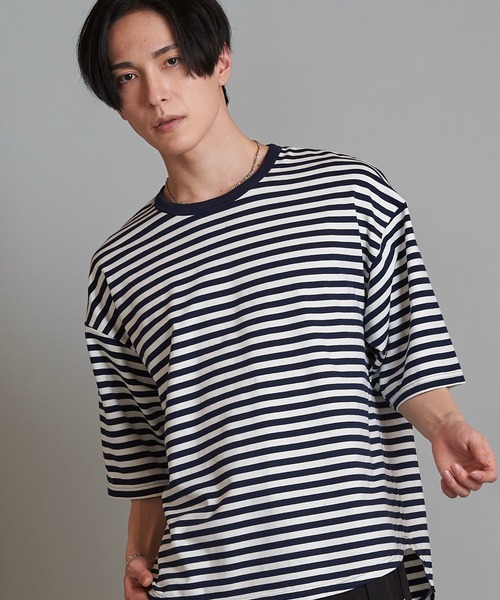 NO ID.(ノーアイディ)の「【NO ID.】Round Border U-Neck T-Shirt / ラウンド ボーダー Uネック Tシャツ(Tシャツ/カットソー・メンズ・ブラック/ネイビー/グレー・2/1)」の1枚目の写真