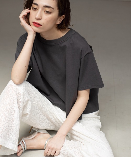 まふこ　クロップドフックデザインTシャツ グレーL クロップドフックデザインTシャツ（Tシャツ/カットソー）｜KsG