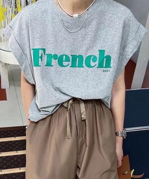 Miniministore(ミニミニストア)の「フレンチスリーブ 英字ロゴTシャツ 韓国(Tシャツ/カットソー・レディース・グレー/イエロー/ライトグリーン/ブラック/ホワイト・FREE)」の1枚目の写真