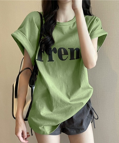 Miniministore(ミニミニストア)の「フレンチスリーブ 英字ロゴTシャツ 韓国(Tシャツ/カットソー・レディース・グレー/イエロー/ライトグリーン/ブラック/ホワイト・FREE)」の4枚目の写真