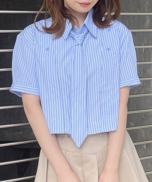 one way(ワンウェイ)の「ネクタイ付き肩あき半袖ショートシャツ(シャツ/ブラウス・レディース・ブラック×ホワイト/ブラック×グレー/チャコールグレー/ホワイト/ブルー系その他・FREE)」の5枚目の写真