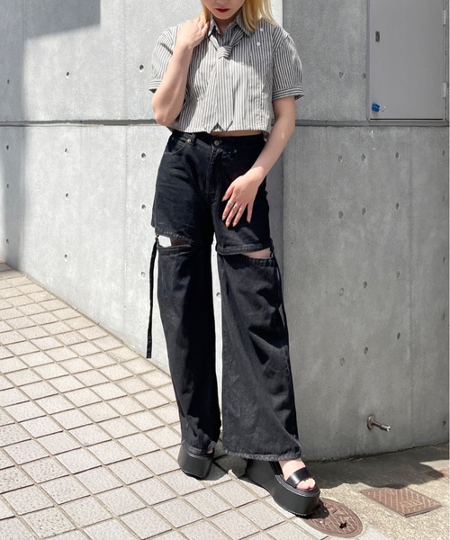 one way(ワンウェイ)の「ネクタイ付き肩あき半袖ショートシャツ(シャツ/ブラウス・レディース・ブラック×ホワイト/ブラック×グレー/チャコールグレー/ホワイト/ブルー系その他・FREE)」の10枚目の写真