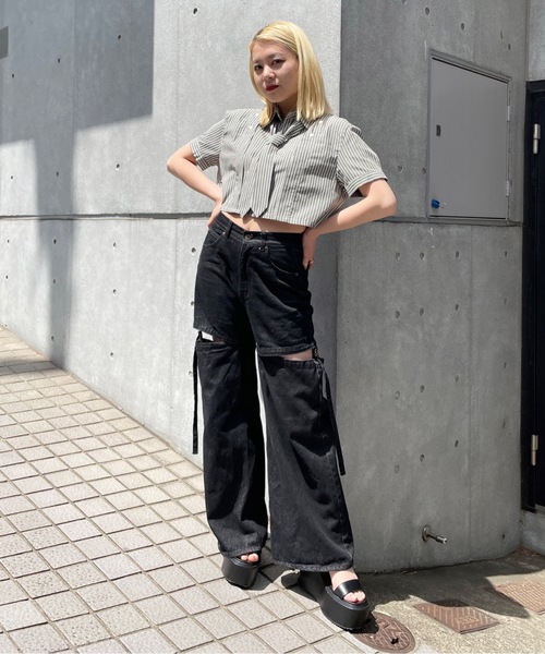 one way(ワンウェイ)の「ネクタイ付き肩あき半袖ショートシャツ(シャツ/ブラウス・レディース・ブラック×ホワイト/ブラック×グレー/チャコールグレー/ホワイト/ブルー系その他・FREE)」の11枚目の写真