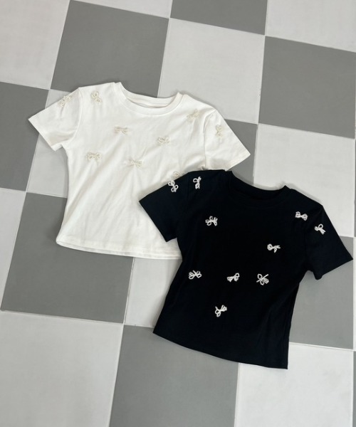 ipugo（イプゴ）の「ipugo/イプゴ パールリボン ミニ丈T 夏物 夏服（Tシャツ/カットソー・レディース・ブラック/アイボリー・FREE）」の6枚目の写真