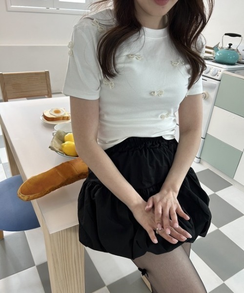 ipugo（イプゴ）の「ipugo/イプゴ パールリボン ミニ丈T 夏物 夏服（Tシャツ/カットソー・レディース・ブラック/アイボリー・FREE）」の10枚目の写真