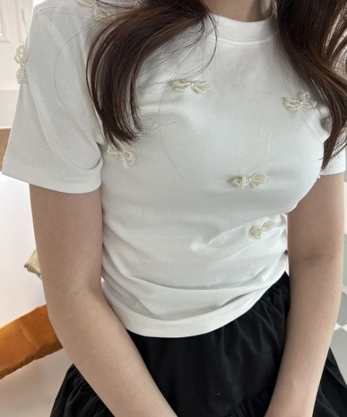 ipugo（イプゴ）の「ipugo/イプゴ パールリボン ミニ丈T 夏物 夏服（Tシャツ/カットソー・レディース・ブラック/アイボリー・FREE）」の7枚目の写真