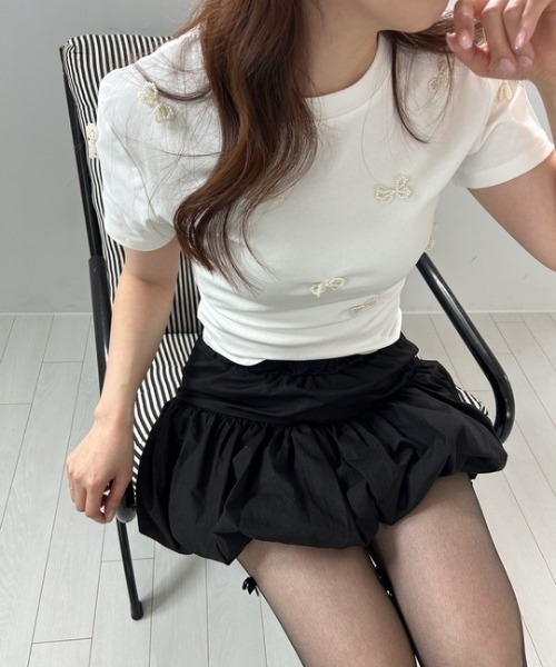 ipugo（イプゴ）の「ipugo/イプゴ パールリボン ミニ丈T 夏物 夏服（Tシャツ/カットソー・レディース・ブラック/アイボリー・FREE）」の11枚目の写真