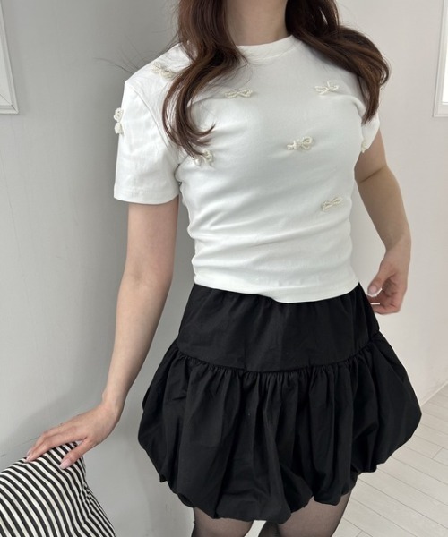 ipugo（イプゴ）の「ipugo/イプゴ パールリボン ミニ丈T 夏物 夏服（Tシャツ/カットソー・レディース・ブラック/アイボリー・FREE）」の13枚目の写真