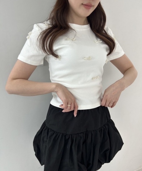 ipugo（イプゴ）の「ipugo/イプゴ パールリボン ミニ丈T 夏物 夏服（Tシャツ/カットソー・レディース・ブラック/アイボリー・FREE）」の12枚目の写真