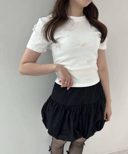 ipugo（イプゴ）の「ipugo/イプゴ パールリボン ミニ丈T 夏物 夏服（Tシャツ/カットソー・レディース・ブラック/アイボリー・FREE）」の14枚目の写真