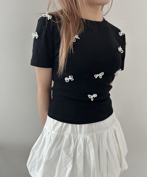 ipugo（イプゴ）の「ipugo/イプゴ パールリボン ミニ丈T 夏物 夏服（Tシャツ/カットソー・レディース・ブラック/アイボリー・FREE）」の15枚目の写真