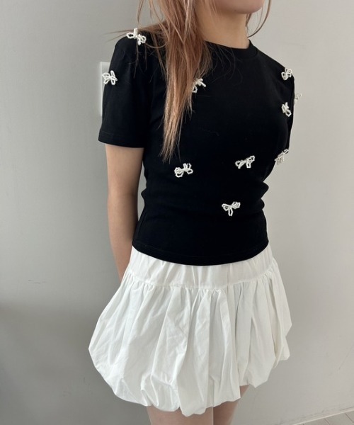 ipugo（イプゴ）の「ipugo/イプゴ パールリボン ミニ丈T 夏物 夏服（Tシャツ/カットソー・レディース・ブラック/アイボリー・FREE）」の16枚目の写真