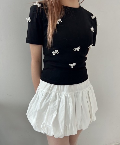 ipugo（イプゴ）の「ipugo/イプゴ パールリボン ミニ丈T 夏物 夏服（Tシャツ/カットソー・レディース・ブラック/アイボリー・FREE）」の17枚目の写真