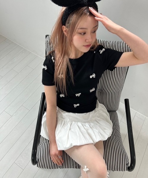 ipugo（イプゴ）の「ipugo/イプゴ パールリボン ミニ丈T 夏物 夏服（Tシャツ/カットソー・レディース・ブラック/アイボリー・FREE）」の18枚目の写真