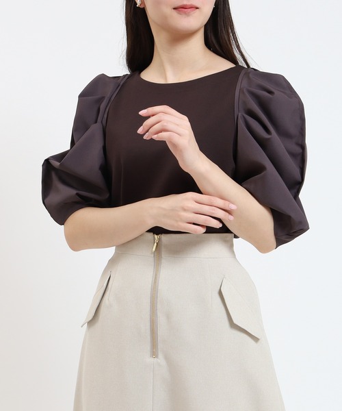 TRUDEA（トルディア）の「異素材スリーブシルケットポンチプルオーバー（Tシャツ/カットソー・レディース・ホワイト/ブラック/ブラウン・MEDIUM）」の3枚目の写真